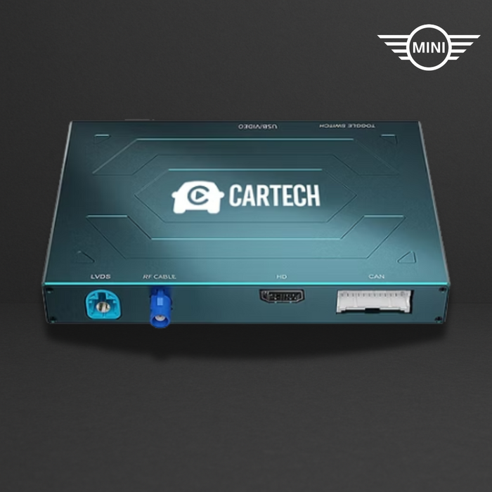Module Cartech Mini/2010-2022: unité électronique bleue avec connecteurs LVDS, RF, HD, CAN et logo MINI sur fond sombre.