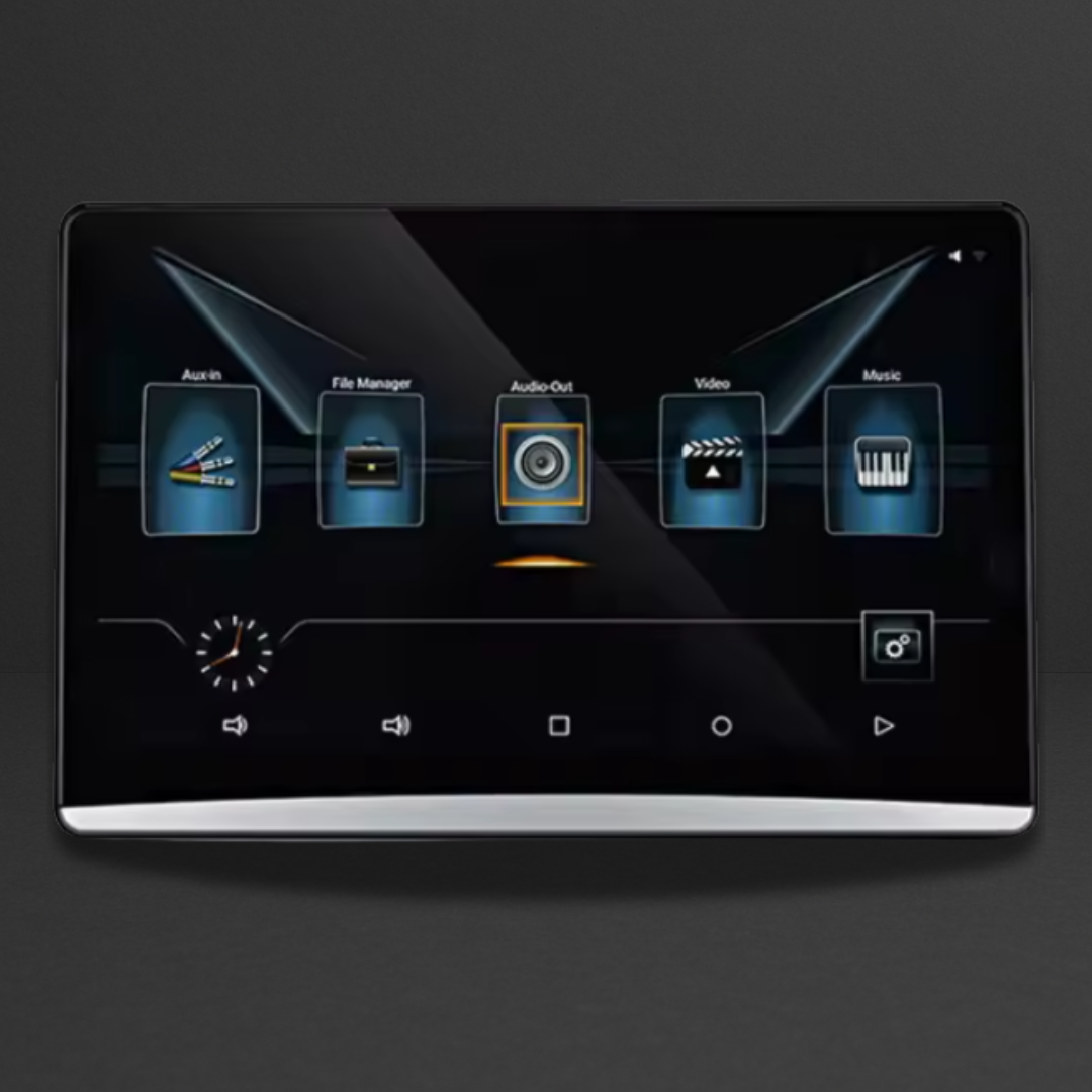 Tablette Android de navigation multimédia avec icônes USB/Audio/Video et contrôles Android en bas de l’écran.