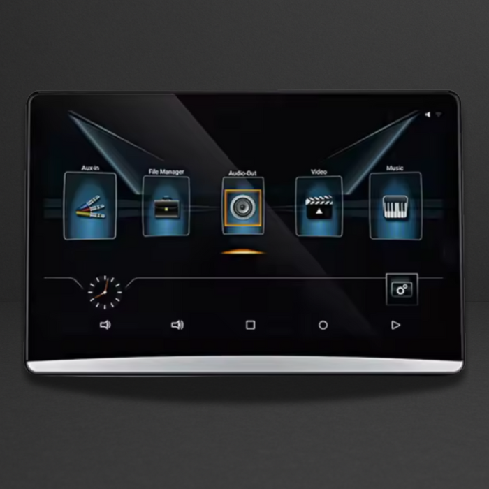 Tablette Android de navigation multimédia avec icônes USB/Audio/Video et contrôles Android en bas de l’écran.
