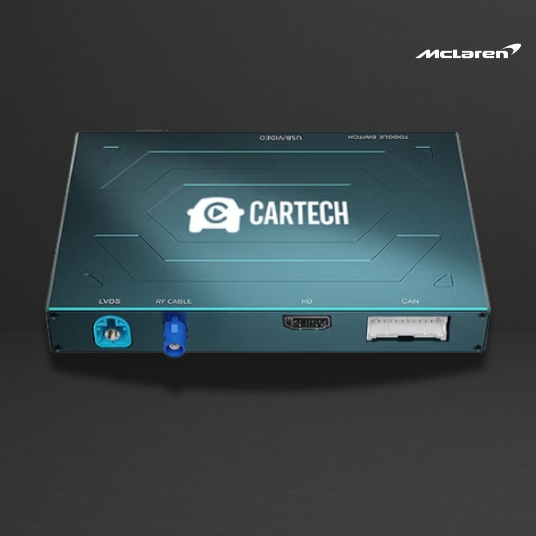 Unité électronique automotive Cartech McLaren avec ports LVDS, RF câble, HD et CAN, logo Cartech sur capot bleu.