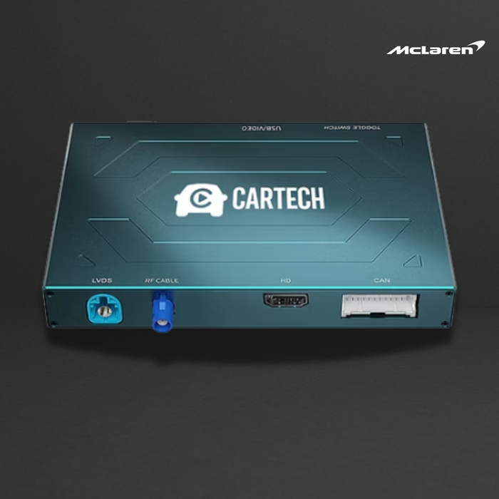 Unité électronique automotive Cartech McLaren avec ports LVDS, RF câble, HD et CAN, logo Cartech sur capot bleu.