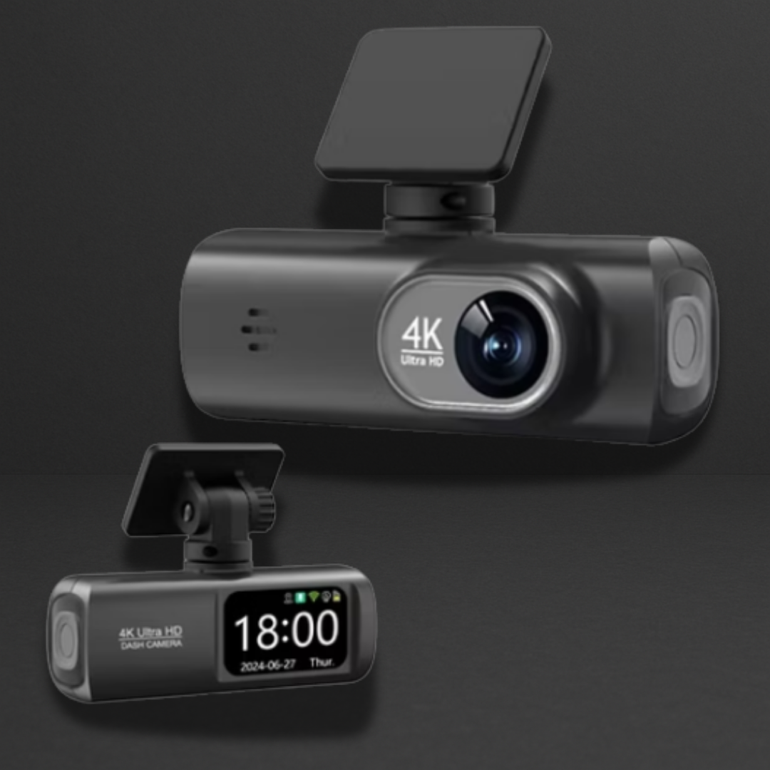 Caméra dash cam 4K avec écran LCD monté sur support, vue frontale et détail du rétroéclairage 4K Ultra HD, noir anthracite.