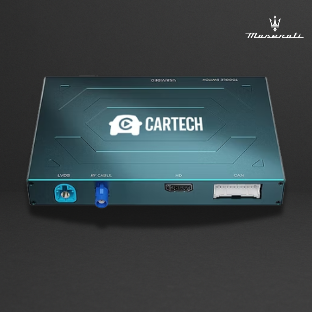 Module électronique Cartech Maserati Ghibli: boîtier noir bleu, ports LVDS, Air Cable, CAN et connecteurs, logo Maserati en haut à droite.