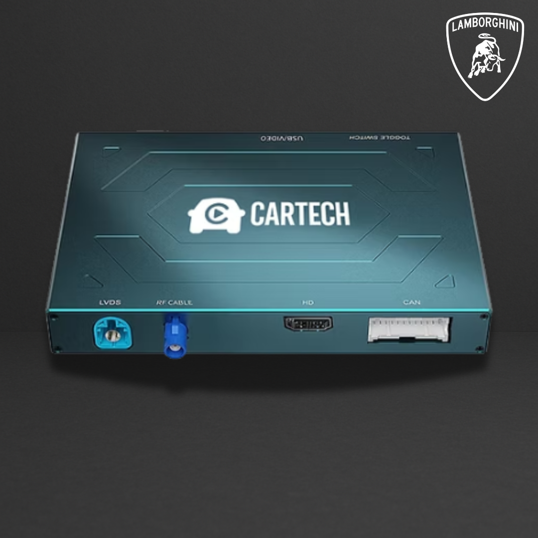 Boîtier électronique bleu CARTECH avec connecteurs LVDS, RF câble et CAN, logo CARTECH au centre. Lamborghini logo en haut à droite.