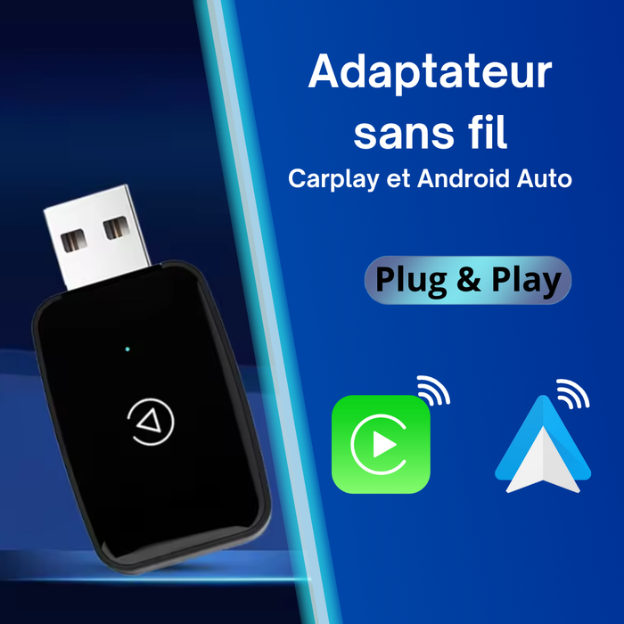 Adaptateur Carplay / Android Auto sans fil avec dongle USB et smartphone, affichant Plug & Play et icônes CarPlay et navigation blue.