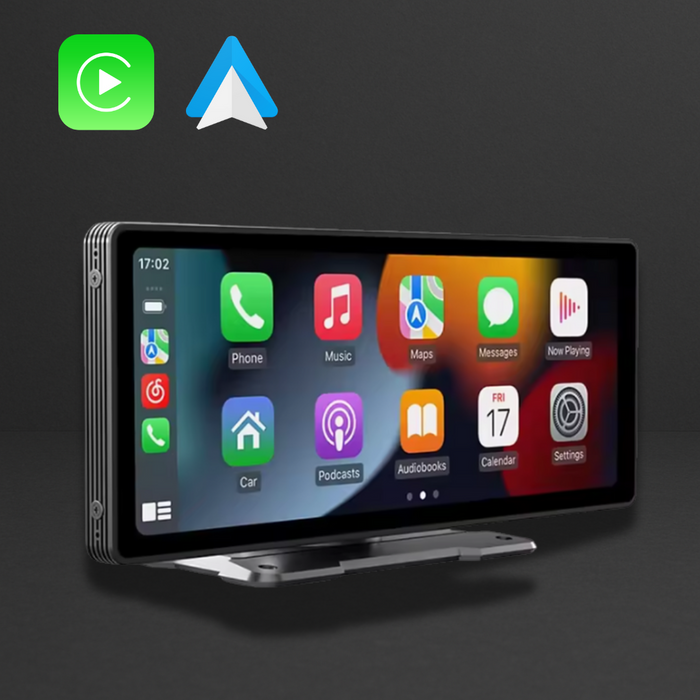 Écran voiture universel affichant des icônes d’applications Apple CarPlay sur un support métallique, fond sombre.