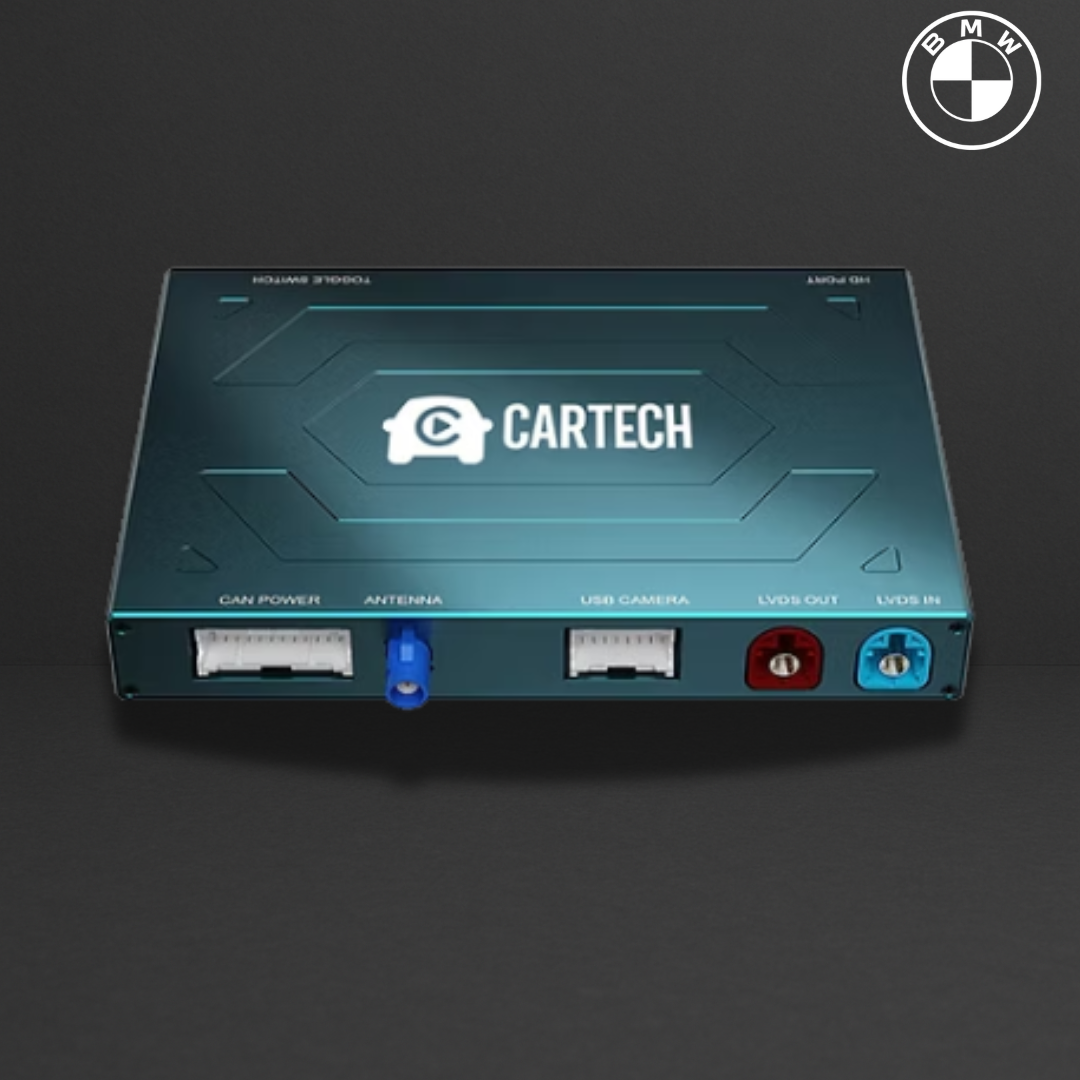 Boîtier électronique CAR-TECH bleu métallique avec ports: connecteurs GAIN POWER, ANTENNA, USB CAMERA, OUT rouge et IN bleu, logo CARTECH au centre. BMW CIC NBT EVO (image).