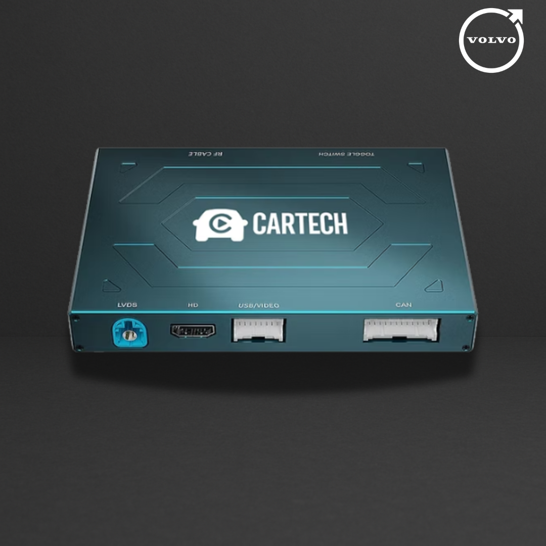 Module CARTECH pour Volvo (2014-2019) – boîtier électronique bleu with ports: LVDS, HDMI, USB/Video, CAN, logo CARTECH.