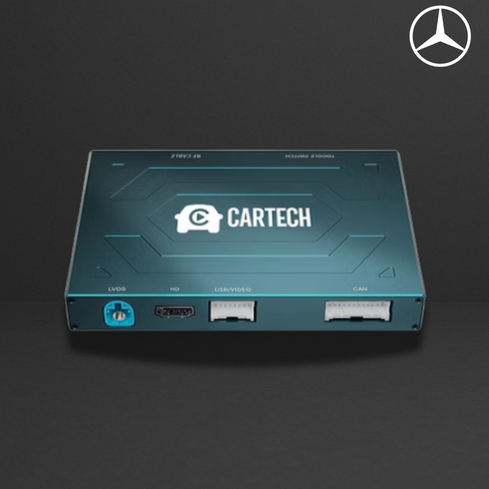Boîtier électronique Cartech NTG 4.x/5.x/6.x pour Mercedes, ports CAN, USB, HDMI et connecteurs de lentilles sur fond gris.
