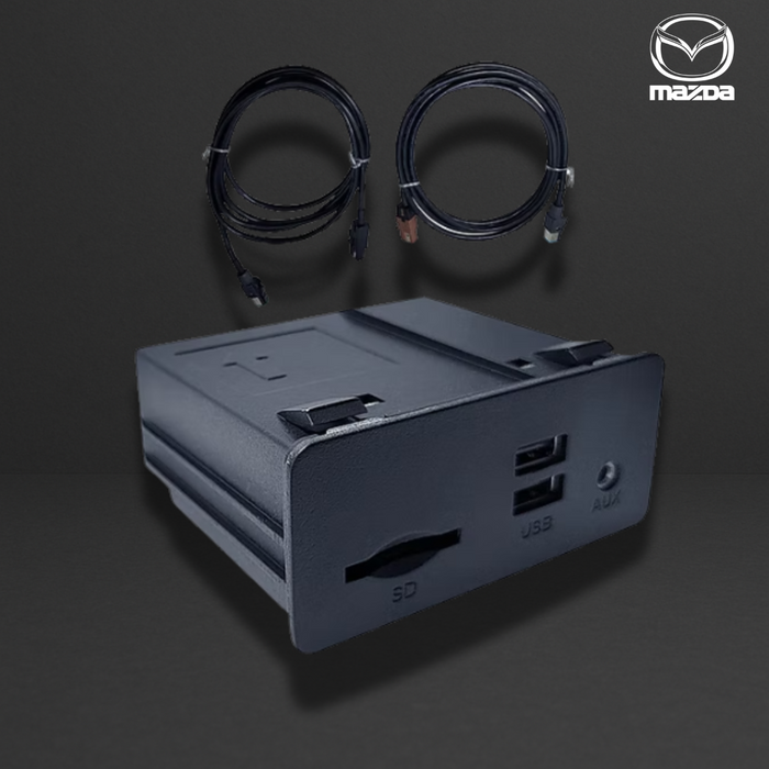Module d’interface automobile avec ports SD, USB et AUX, accompagné de deux câbles de connexion. Mazda/Fiat compatibility.