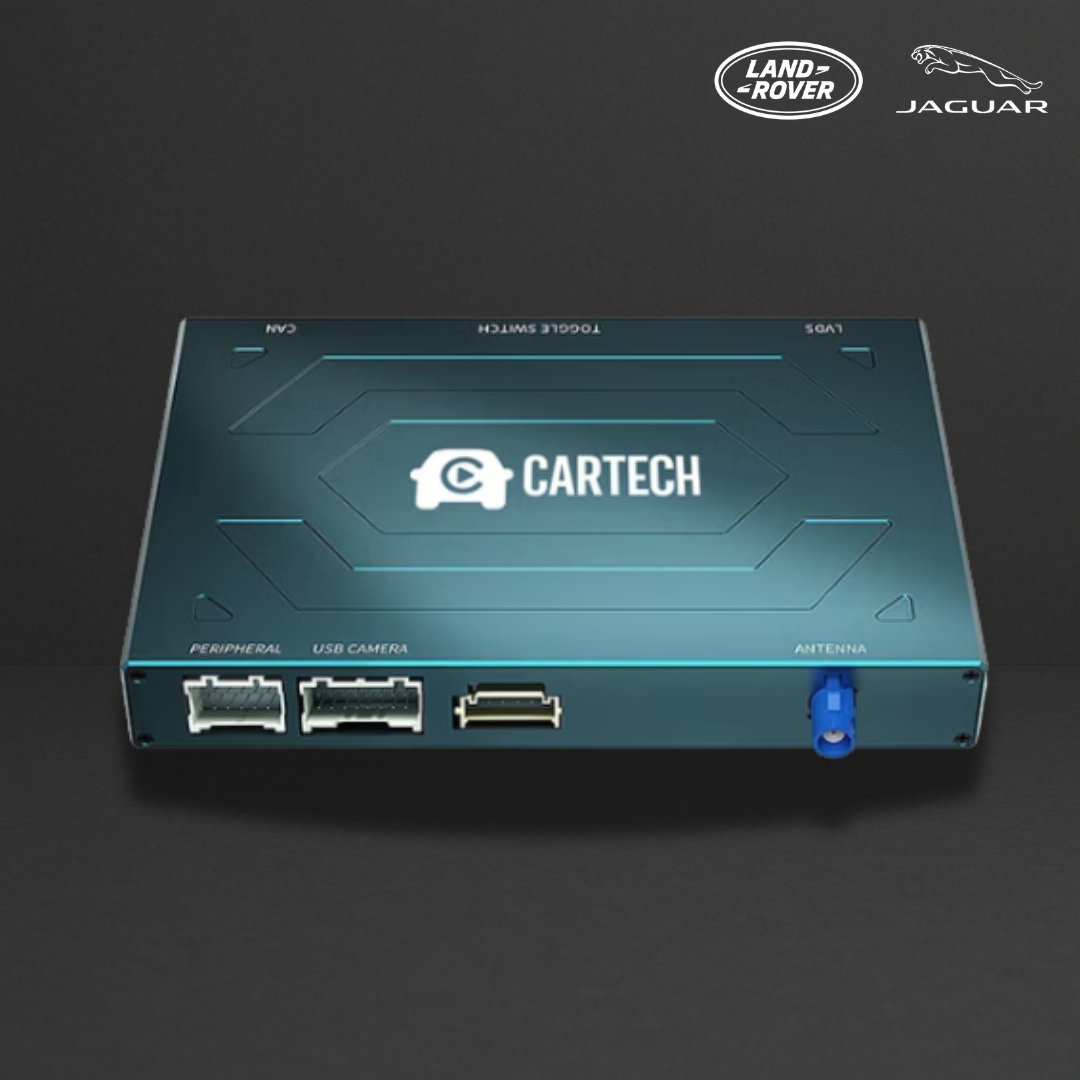 Boîtier métallique bleu-vert CARTECH avec ports USB et connecteurs, logo CARTECH au centre, logos Land Rover et Jaguar en haut à droite.