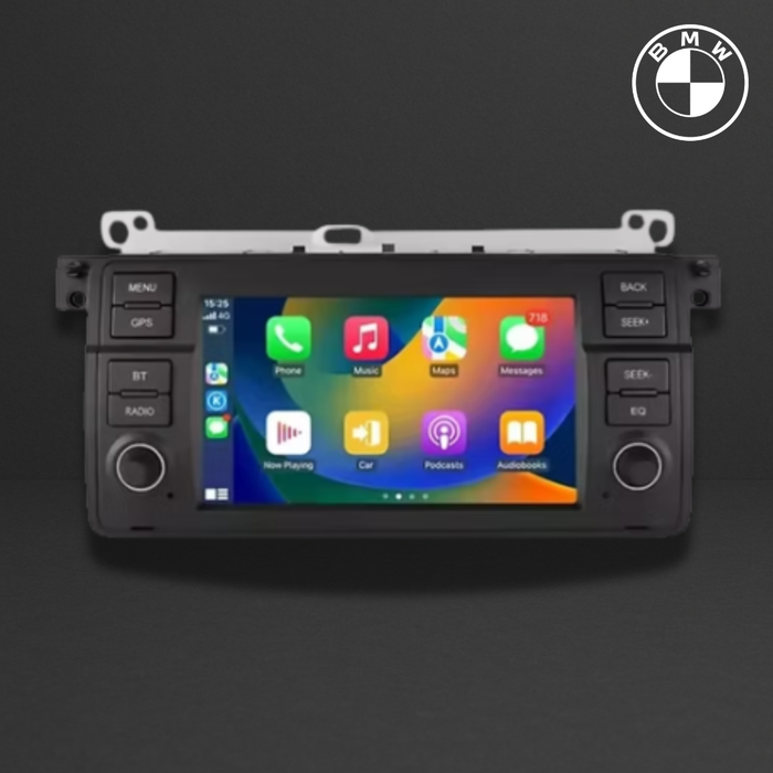 Interface audio/commande digitale intégrée pour BMW Série 3 E46 avec écran tactile Apple CarPlay affichant icônes.